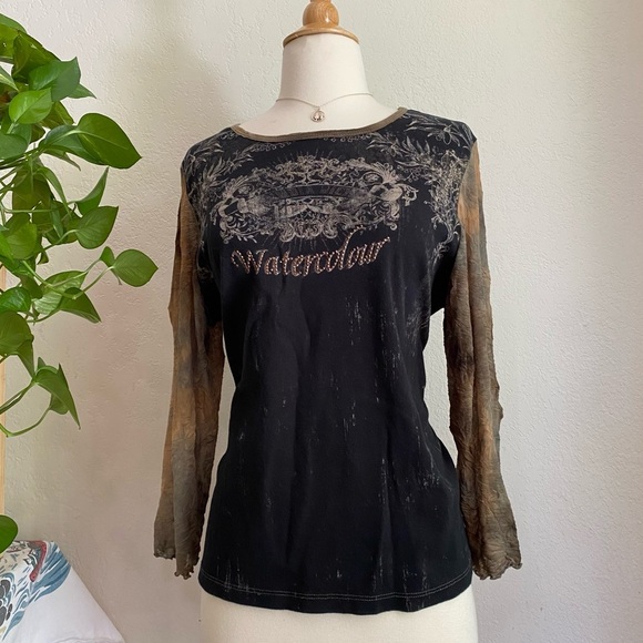 Tops - Boho fairy grunge y2k mesh sleeve embellished top